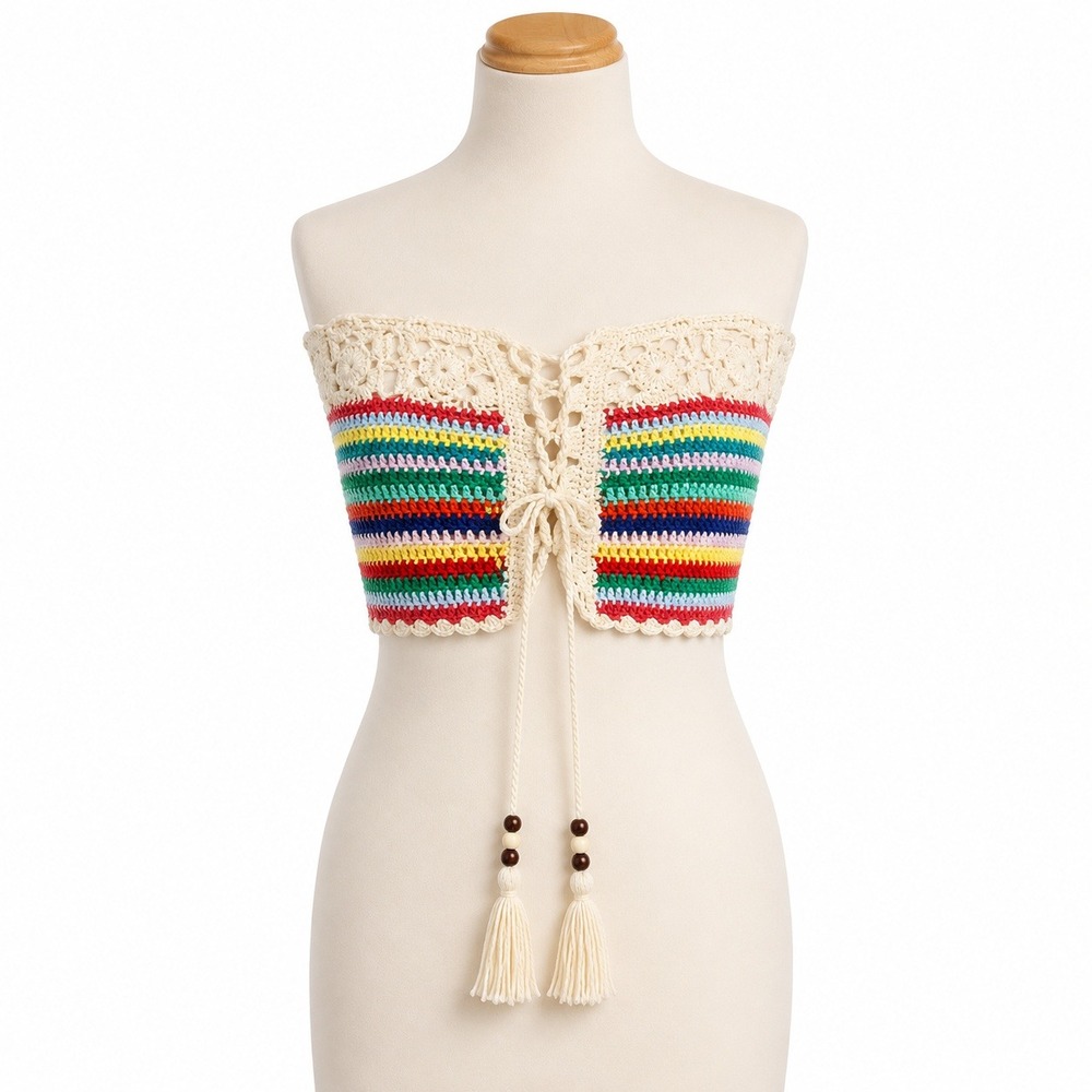 Micas Crochet Rainbow Lace Up Bandeau Tube Top Festival Boho Beach Medium Tassel